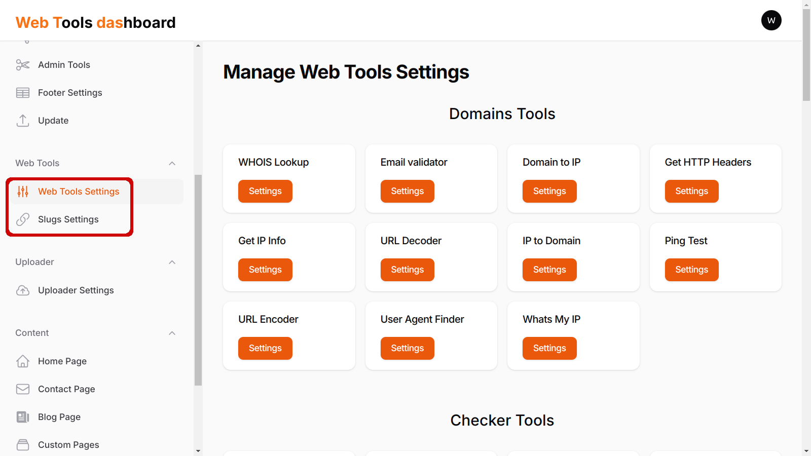 tools settings screen